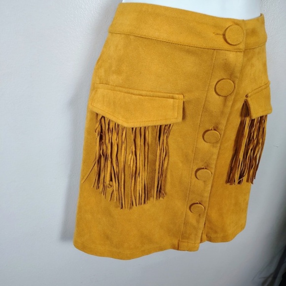 Flying Tomato Mustard Yellow vegan Suede Fringe Button Front Mini Skirt M native - Picture 3 of 7